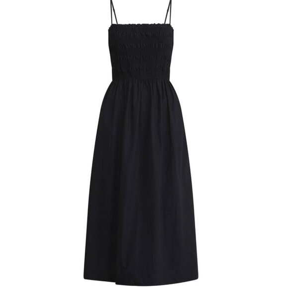 NWT, SZ XL, 100% COTTON, Smocked Bodice Midi Dress, Black - Picture 1 of 2